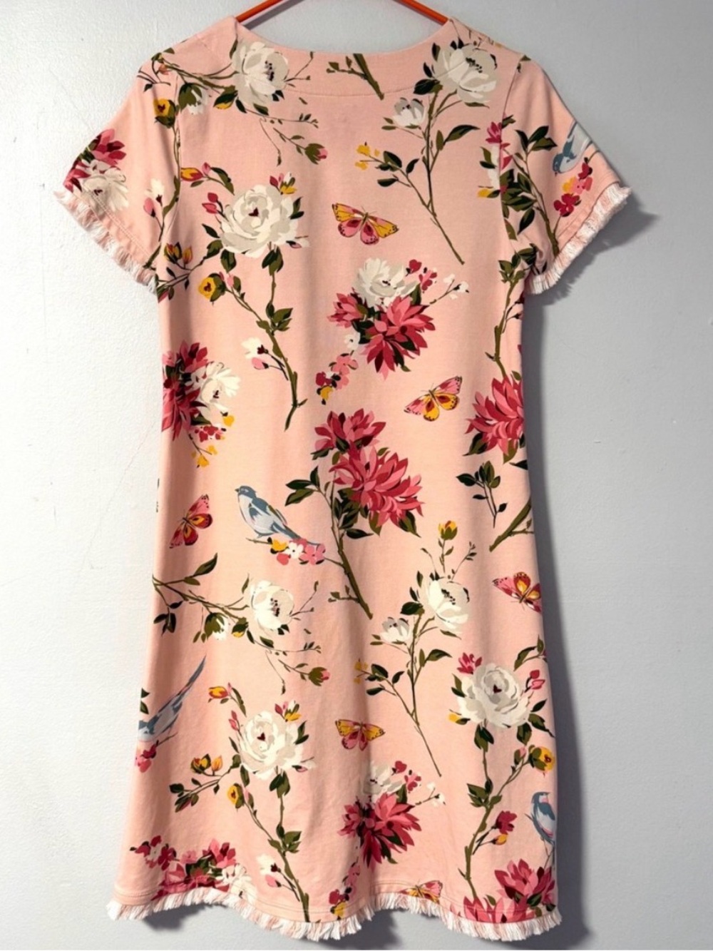 Spartina VEUC Pink Floral Short Sleeve fringe bird stretchy dress - Picture 6 of 8